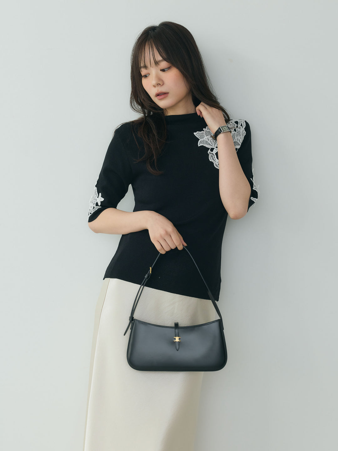 【SET】レースディテールハーフスリーブトップス+ナローAラインサテンスカート(2set)