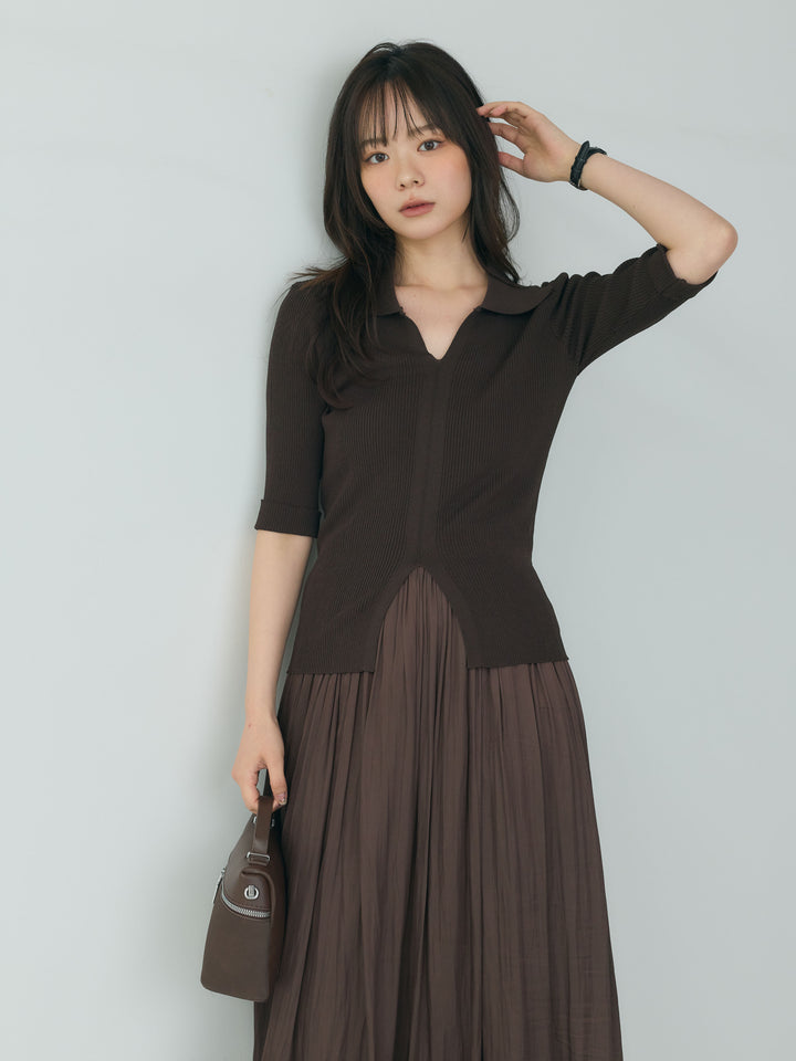 【SET】裾スリットスキッパーリブトップス+グロッシーフルイドプリーツスカート(2set)