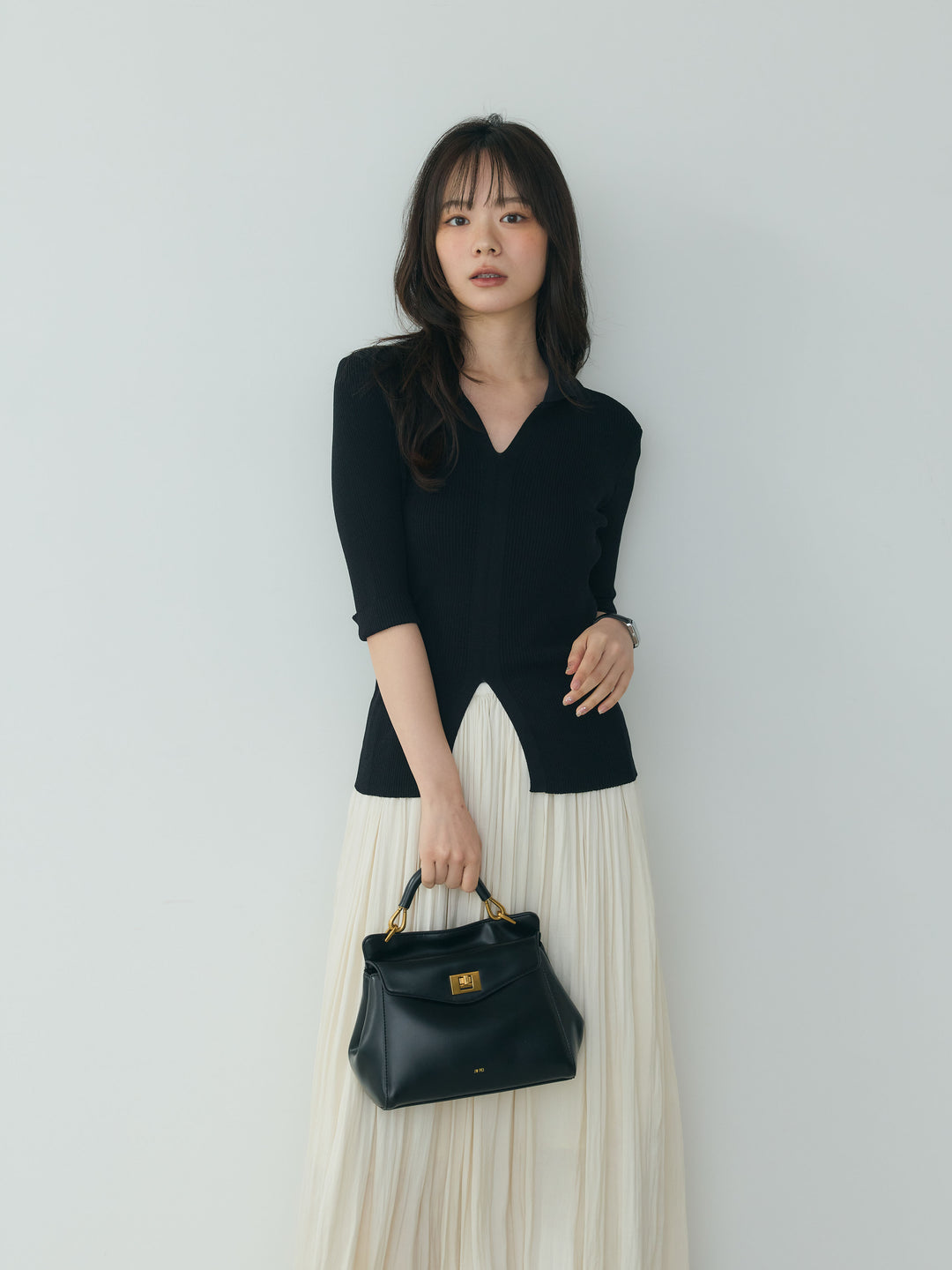 【SET】裾スリットスキッパーリブトップス+グロッシーフルイドプリーツスカート(2set)