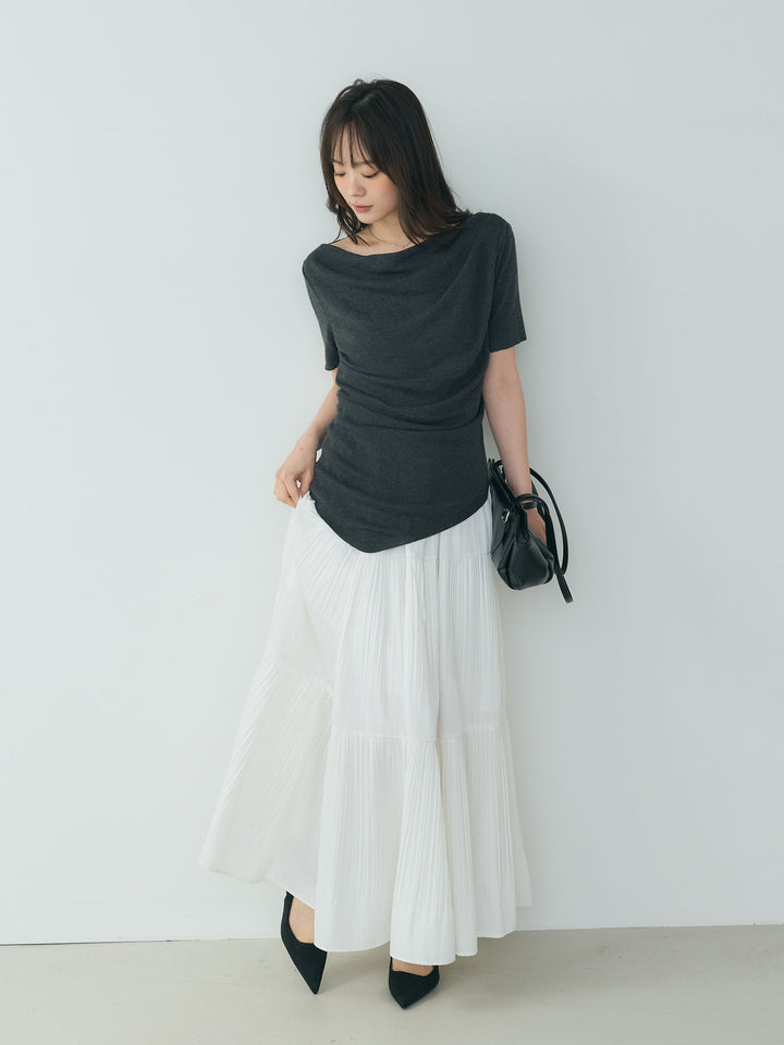 【SET】アシメデザインドレープソフトニットトップス+【Essential】Soft sheen tiered flare skirt(2set)