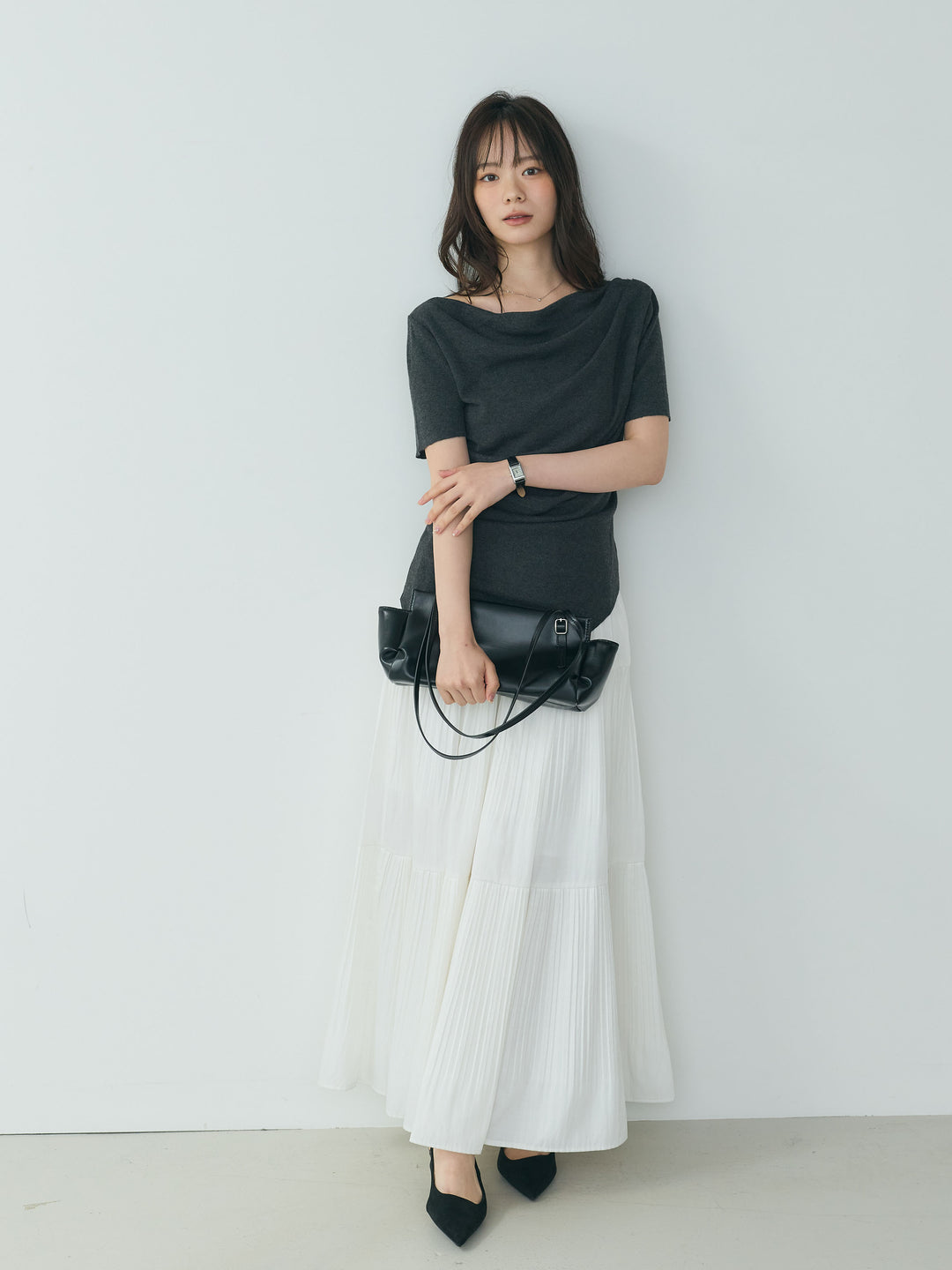 【SET】アシメデザインドレープソフトニットトップス+【Essential】Soft sheen tiered flare skirt(2set)