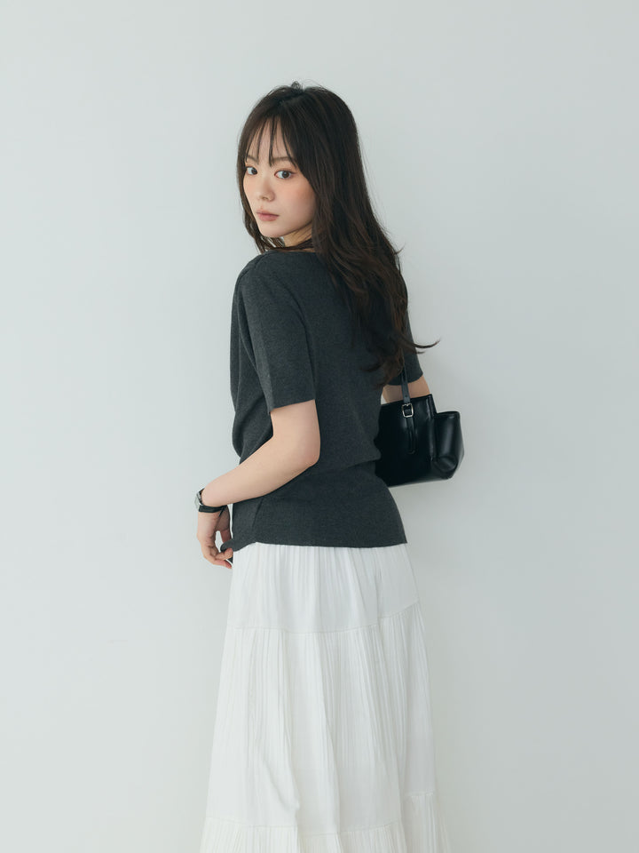【SET】アシメデザインドレープソフトニットトップス+【Essential】Soft sheen tiered flare skirt(2set)