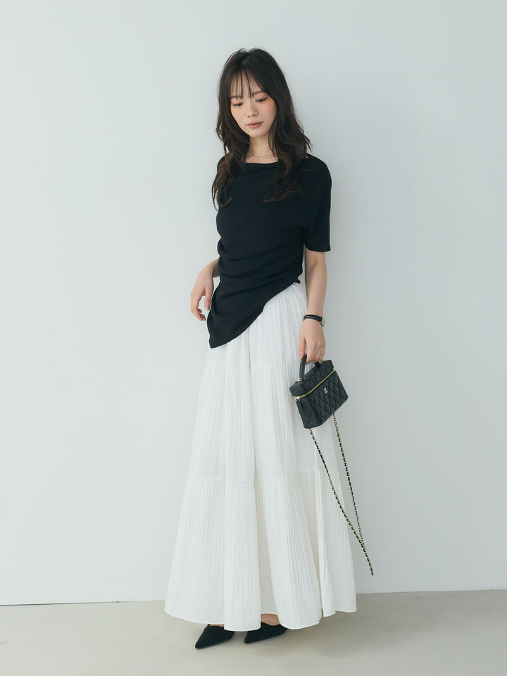 【SET】アシメデザインドレープソフトニットトップス+【Essential】Soft sheen tiered flare skirt(2set)