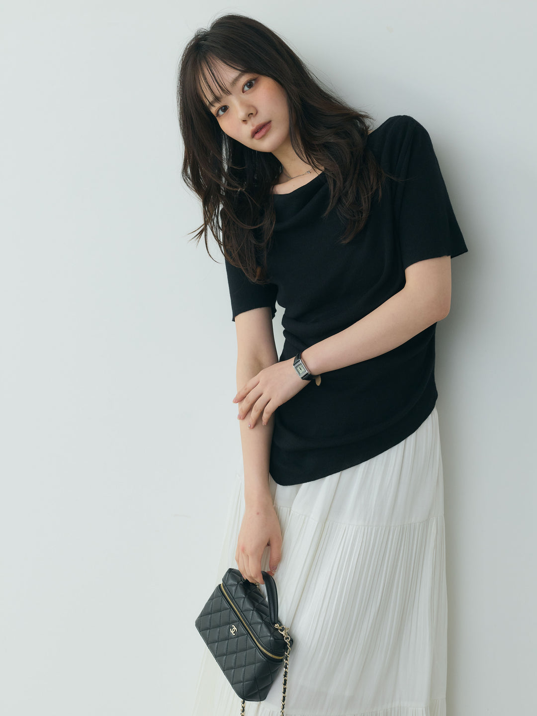 【SET】アシメデザインドレープソフトニットトップス+【Essential】Soft sheen tiered flare skirt(2set)