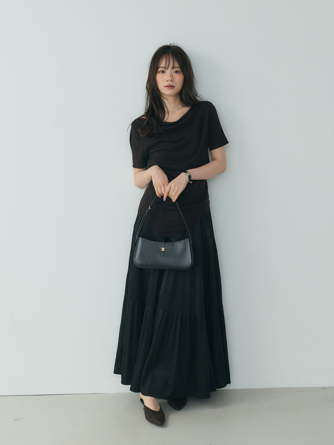 【SET】アシメデザインドレープソフトニットトップス+【Essential】Soft sheen tiered flare skirt(2set)
