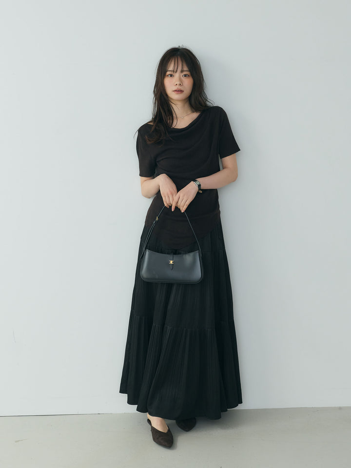 【SET】アシメデザインドレープソフトニットトップス+【Essential】Soft sheen tiered flare skirt(2set)