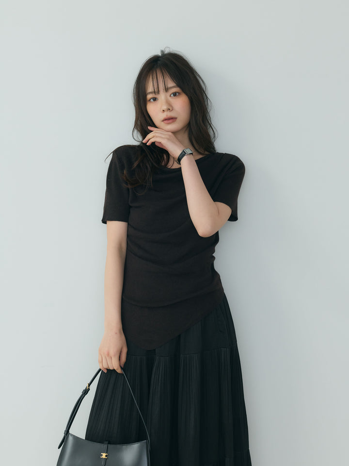 【SET】アシメデザインドレープソフトニットトップス+【Essential】Soft sheen tiered flare skirt(2set)