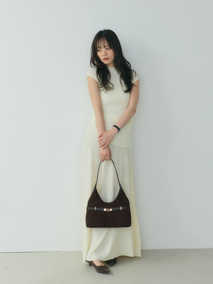 アシメデザインフレンチスリーブリブニットトップス&リブニットフレアスカートSET UP