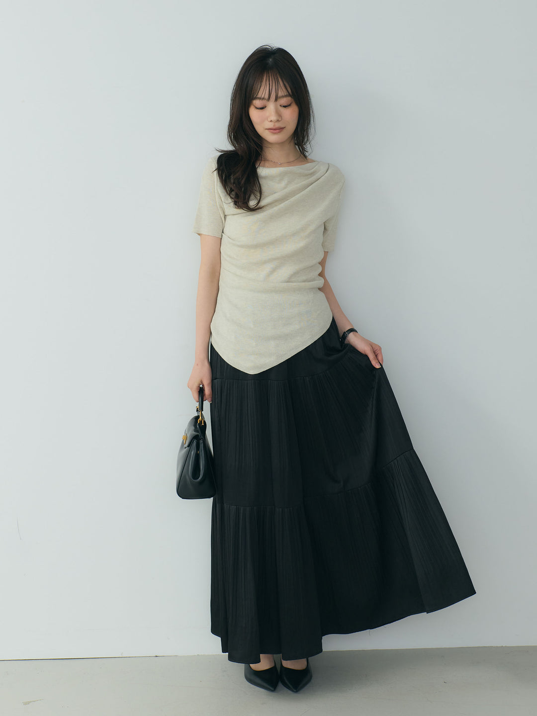 【SET】アシメデザインドレープソフトニットトップス+【Essential】Soft sheen tiered flare skirt(2set)