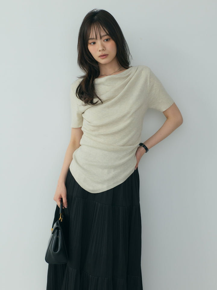 【SET】アシメデザインドレープソフトニットトップス+【Essential】Soft sheen tiered flare skirt(2set)