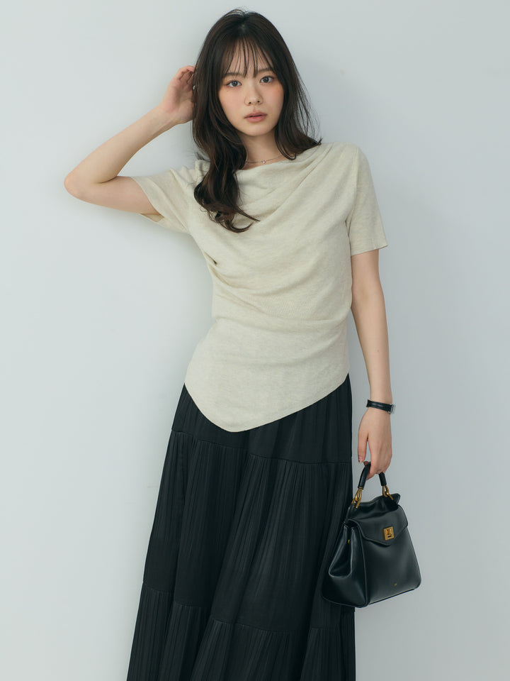 【SET】アシメデザインドレープソフトニットトップス+【Essential】Soft sheen tiered flare skirt(2set)