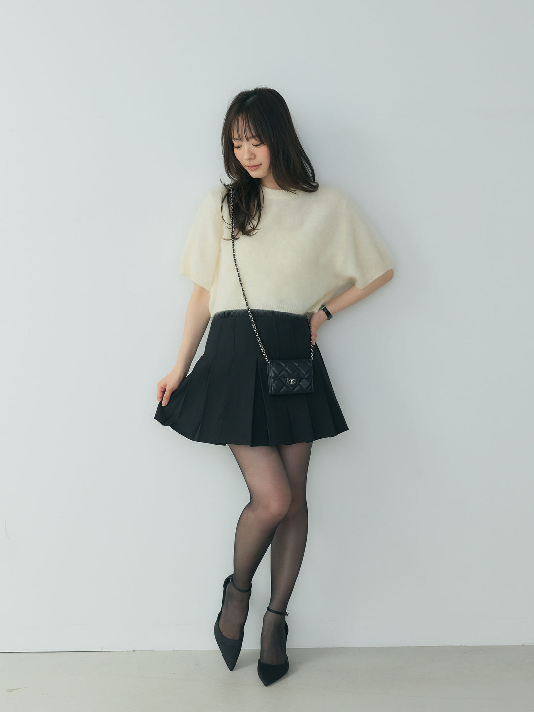 【SET】ピュアウール半袖ニットトップス+ベーシックプリーツミニスカート(2set)