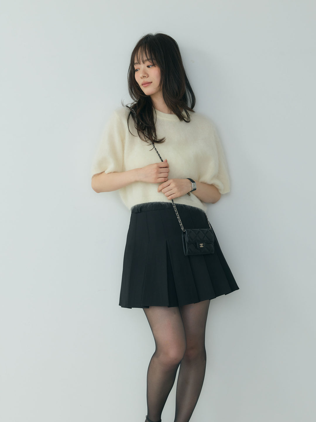 【SET】ピュアウール半袖ニットトップス+ベーシックプリーツミニスカート(2set)