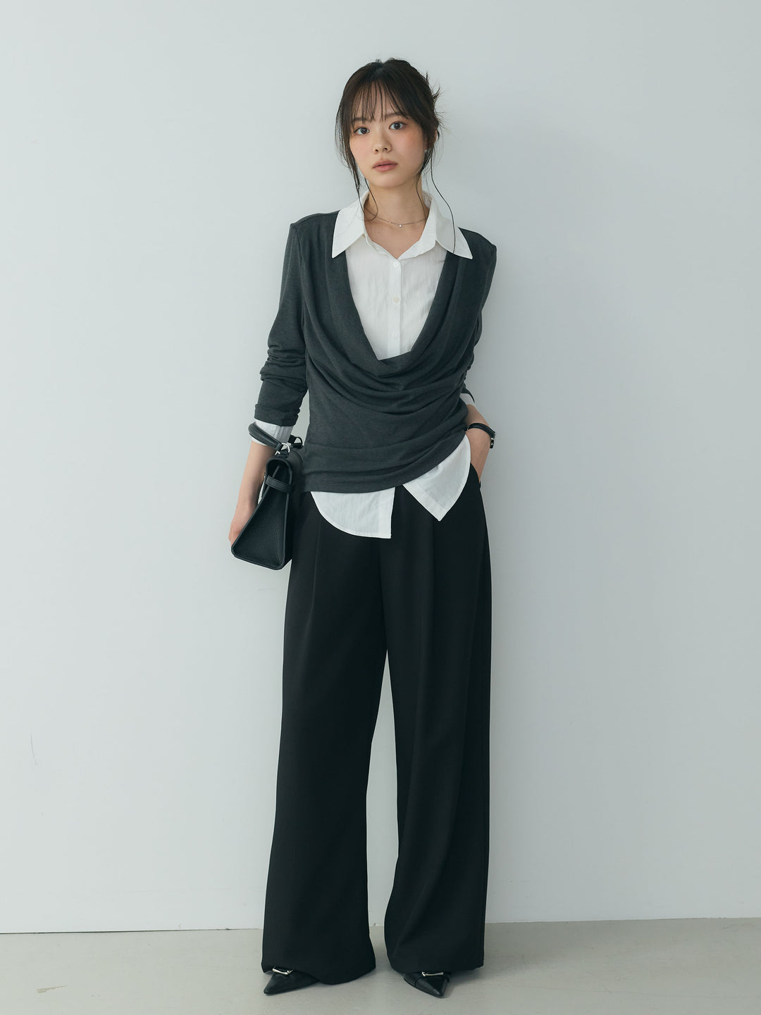 【SET】シャツドッキングドレープカットソー+センタープレスベーシックストレートパンツ(2set)