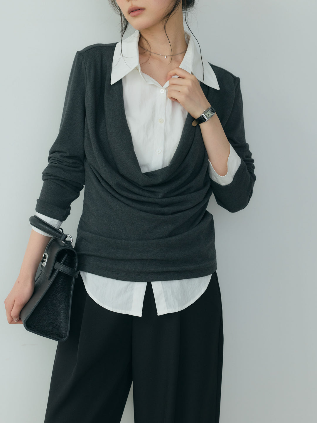【SET】シャツドッキングドレープカットソー+センタープレスベーシックストレートパンツ(2set)