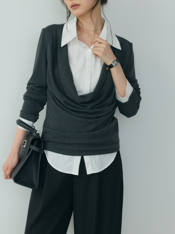 【SET】シャツドッキングドレープカットソー+センタープレスベーシックストレートパンツ(2set)