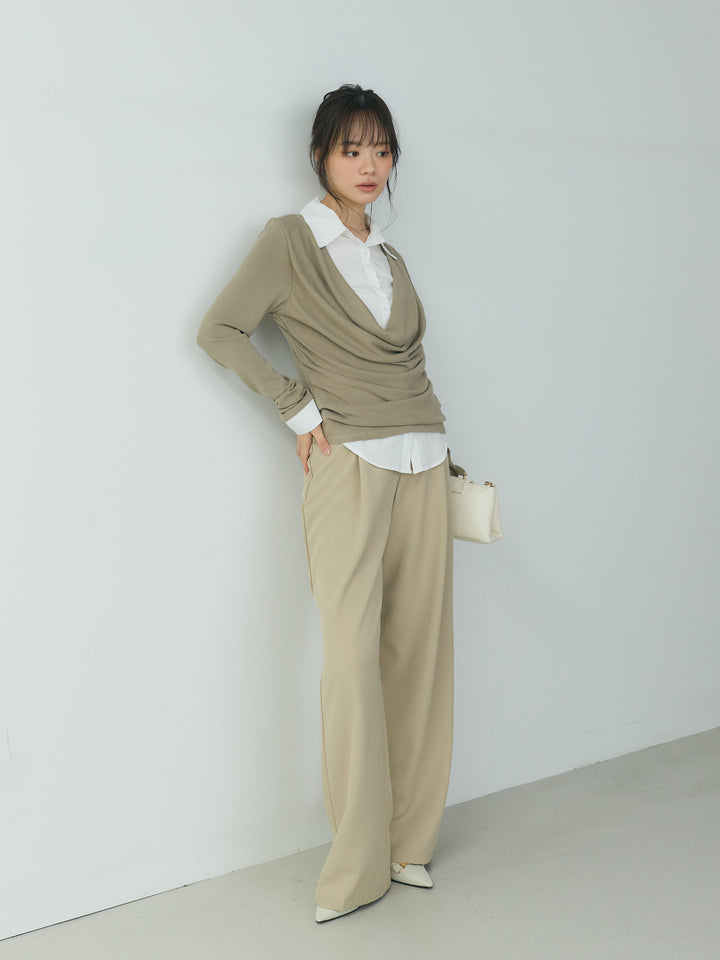 【SET】シャツドッキングドレープカットソー+センタープレスベーシックストレートパンツ(2set)