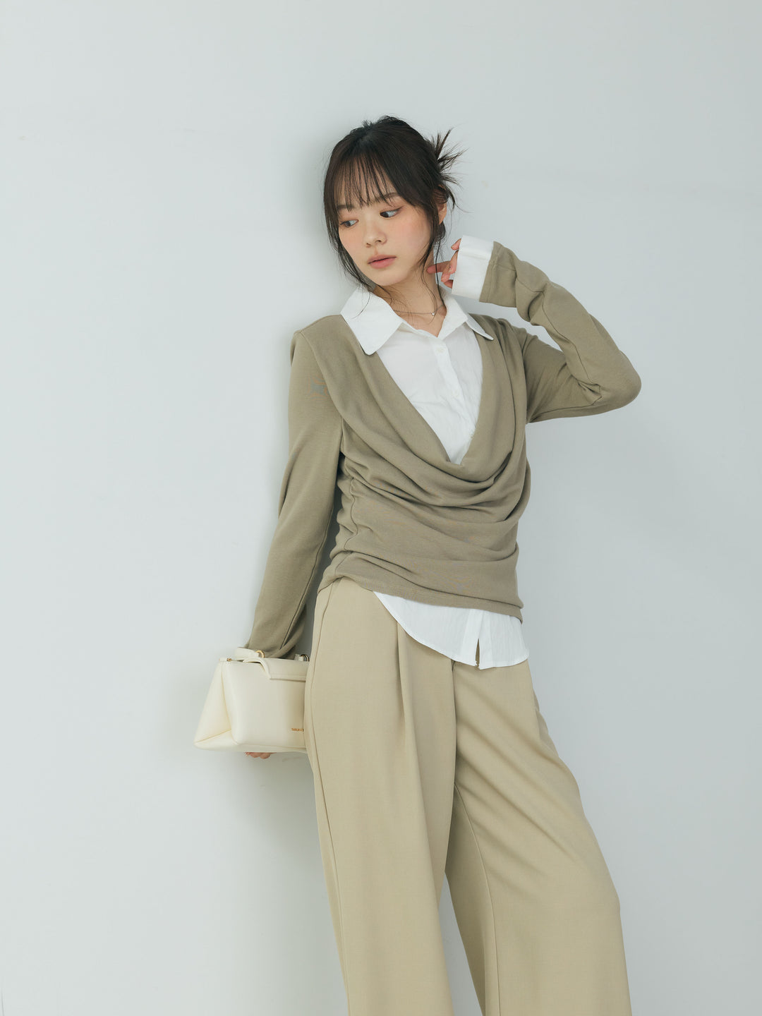 【SET】シャツドッキングドレープカットソー+センタープレスベーシックストレートパンツ(2set)