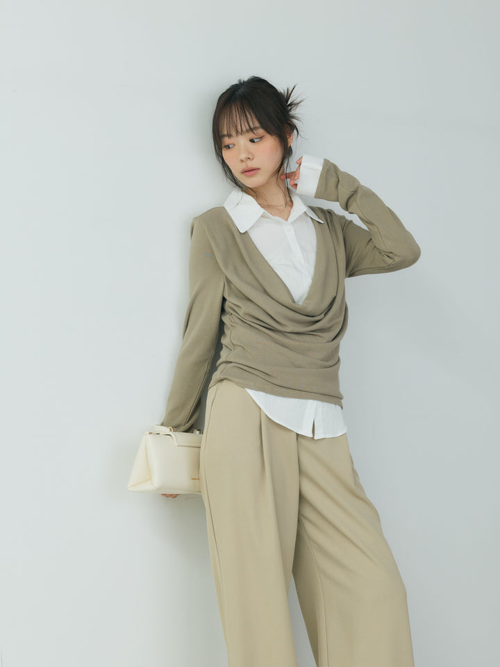 【SET】シャツドッキングドレープカットソー+センタープレスベーシックストレートパンツ(2set)