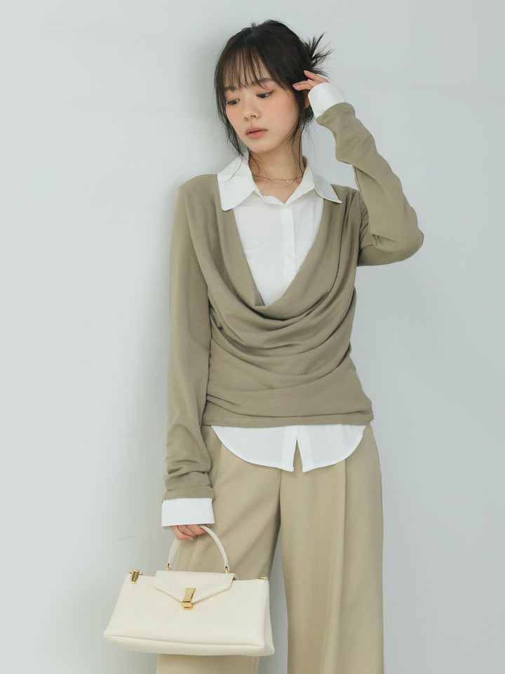 【SET】シャツドッキングドレープカットソー+センタープレスベーシックストレートパンツ(2set)
