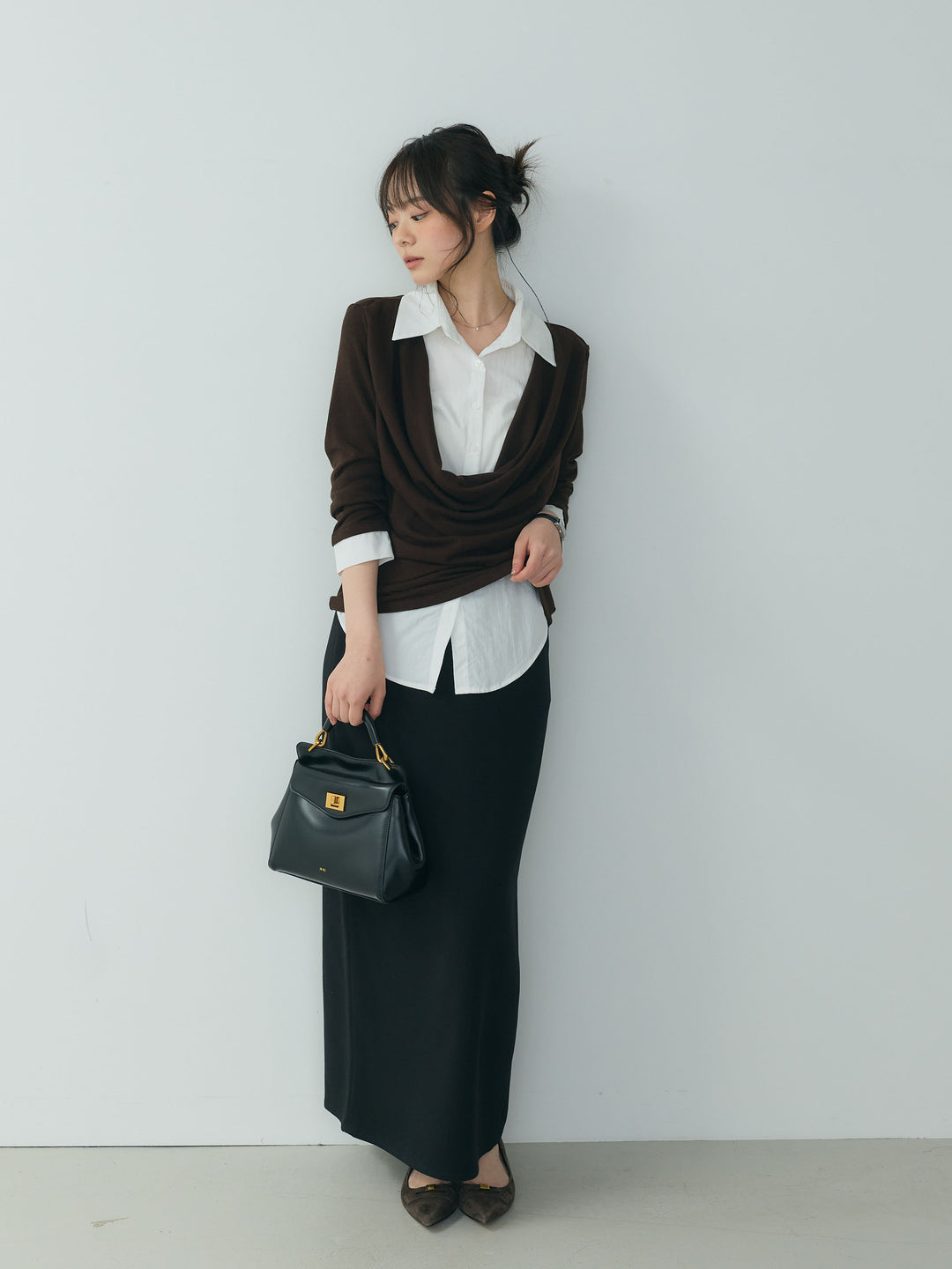 【SET】シャツドッキングドレープカットソー+【Essential】Authentic wool like pencil skirt(2set)