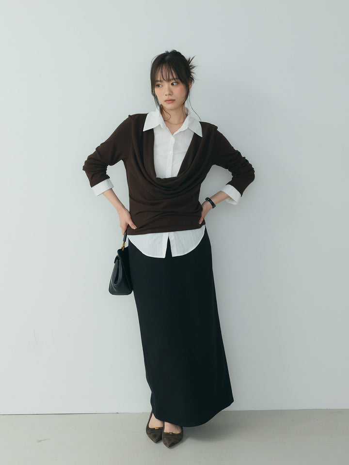 【SET】シャツドッキングドレープカットソー+【Essential】Authentic wool like pencil skirt(2set)