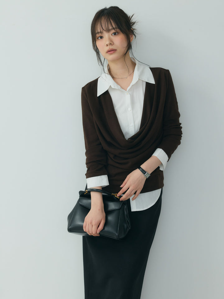 【SET】シャツドッキングドレープカットソー+【Essential】Authentic wool like pencil skirt(2set)