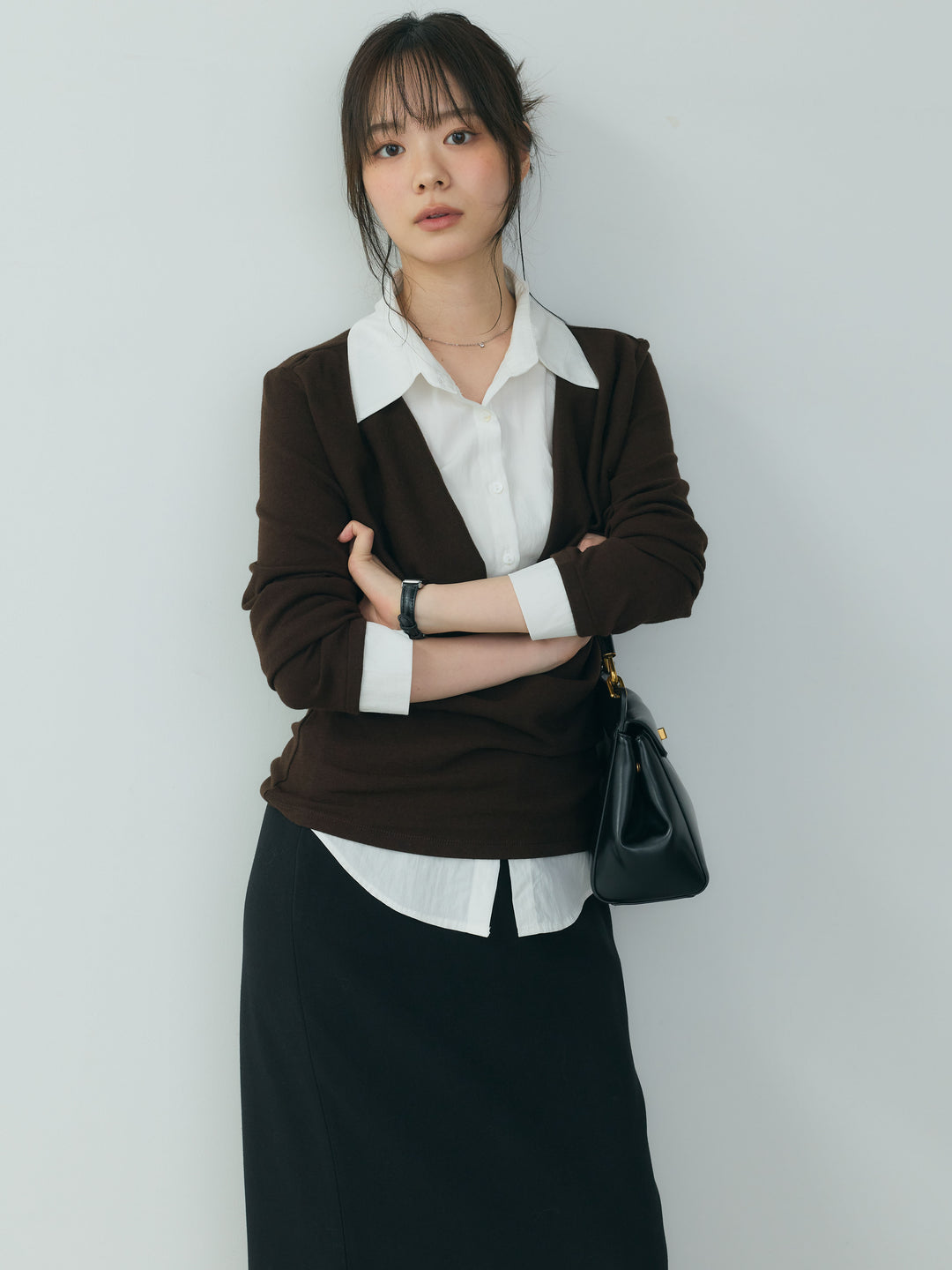 【SET】シャツドッキングドレープカットソー+【Essential】Authentic wool like pencil skirt(2set)