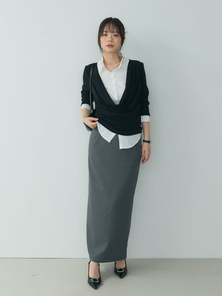 【SET】シャツドッキングドレープカットソー+【Essential】Authentic wool like pencil skirt(2set)