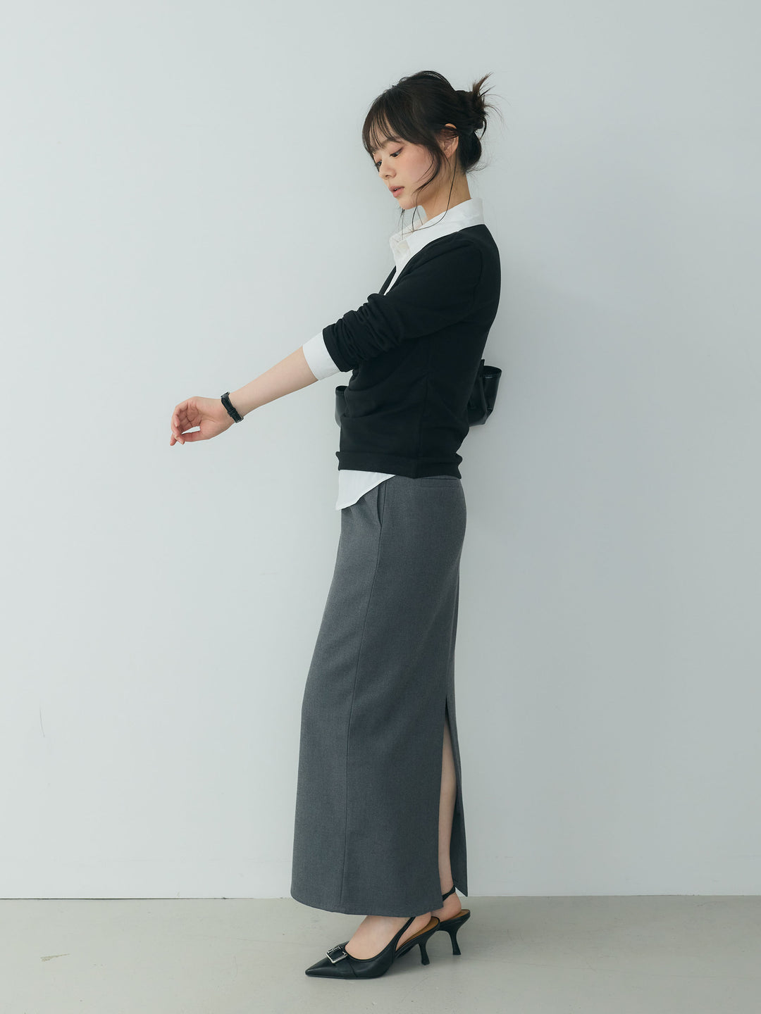 【SET】シャツドッキングドレープカットソー+【Essential】Authentic wool like pencil skirt(2set)