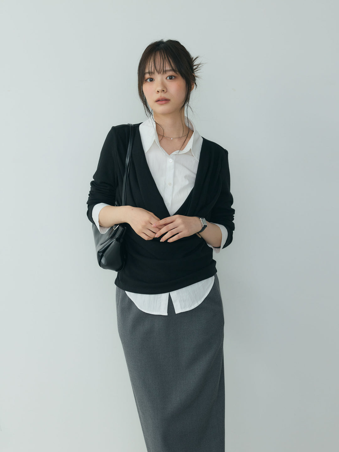【SET】シャツドッキングドレープカットソー+【Essential】Authentic wool like pencil skirt(2set)