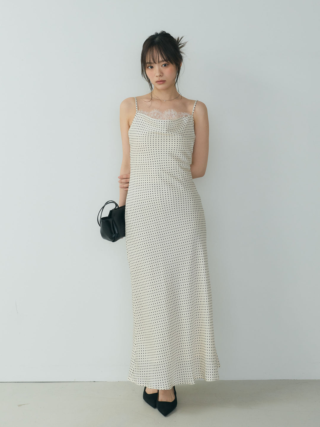 【SET】2wayビッグカラーダブルボタンレザーブルゾン+ドットパターンレースドッキングドレープサテンワンピース(2set)