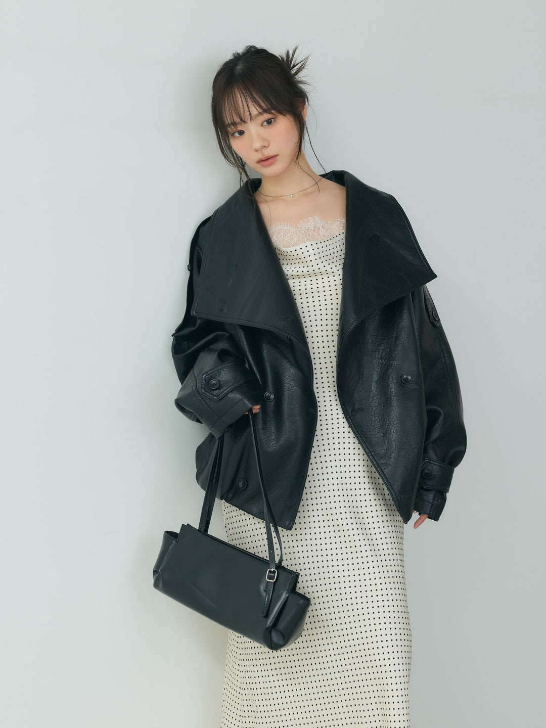【SET】2wayビッグカラーダブルボタンレザーブルゾン+ドットパターンレースドッキングドレープサテンワンピース(2set)