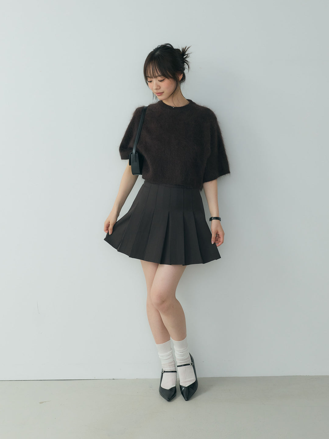 【SET】ピュアウール半袖ニットトップス+ベーシックプリーツミニスカート(2set)