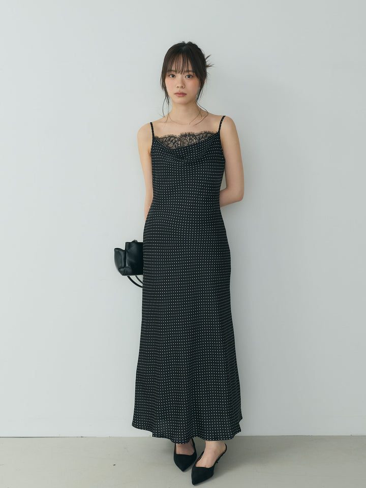【SET】2wayビッグカラーダブルボタンレザーブルゾン+ドットパターンレースドッキングドレープサテンワンピース(2set)
