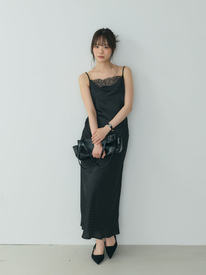 【SET】2wayビッグカラーダブルボタンレザーブルゾン+ドットパターンレースドッキングドレープサテンワンピース(2set)