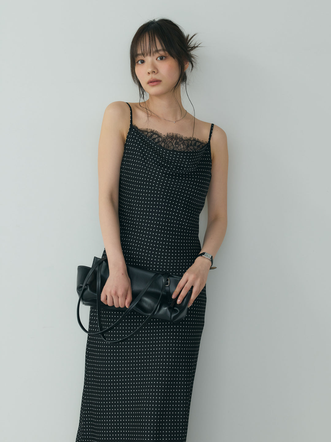 【SET】2wayビッグカラーダブルボタンレザーブルゾン+ドットパターンレースドッキングドレープサテンワンピース(2set)