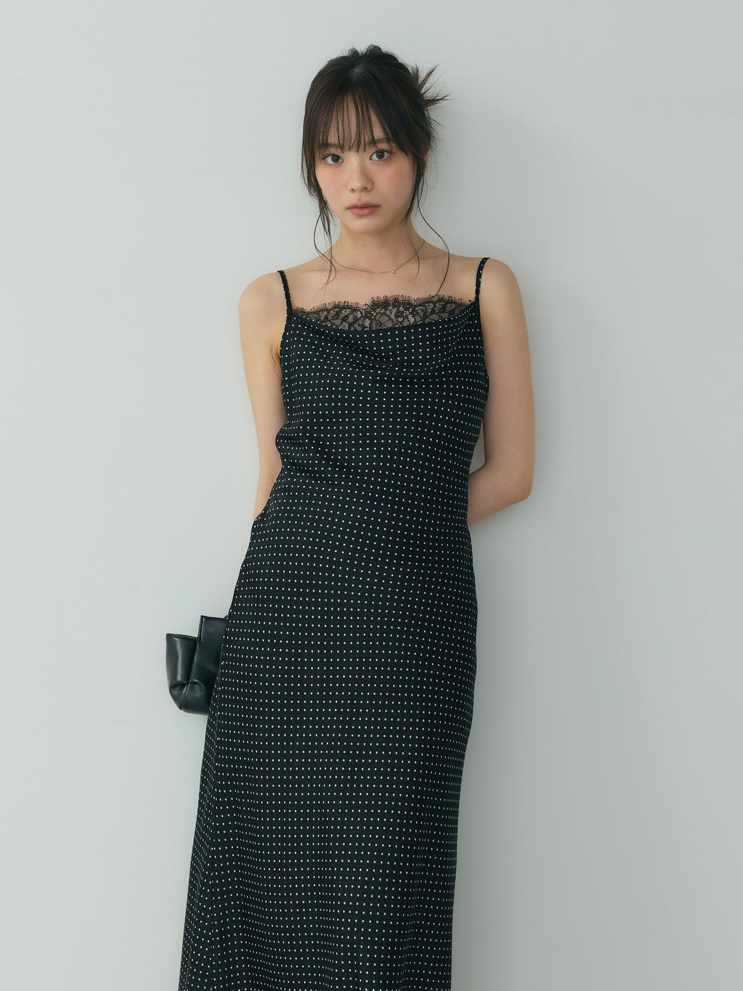 【SET】2wayビッグカラーダブルボタンレザーブルゾン+ドットパターンレースドッキングドレープサテンワンピース(2set)