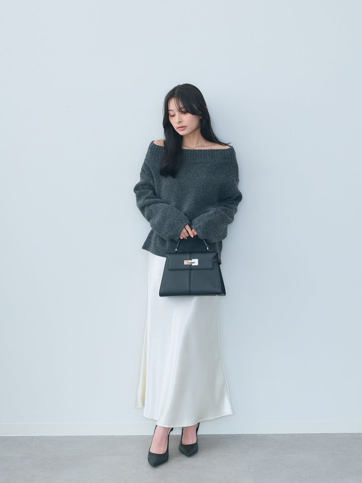 【SET】【Essential】Loose silhouette off shoulder knit tops+ナローAラインサテンスカート(2set)