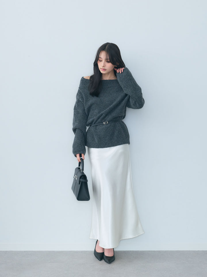 【SET】【Essential】Loose silhouette off shoulder knit tops+ナローAラインサテンスカート(2set)