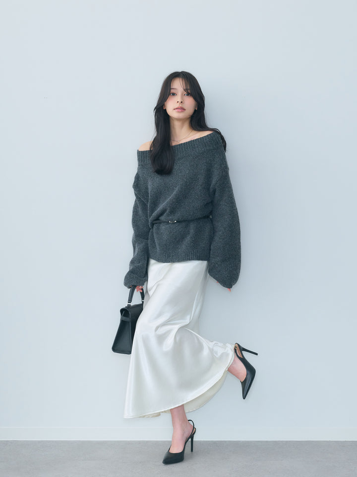 【SET】【Essential】Loose silhouette off shoulder knit tops+ナローAラインサテンスカート(2set)