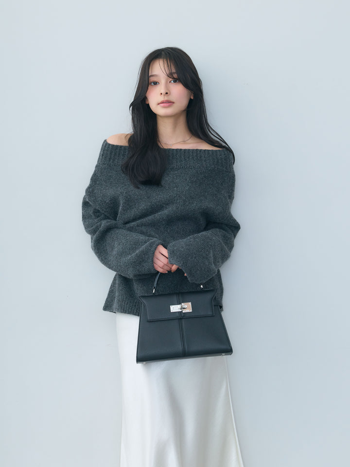 【SET】【Essential】Loose silhouette off shoulder knit tops+ナローAラインサテンスカート(2set)