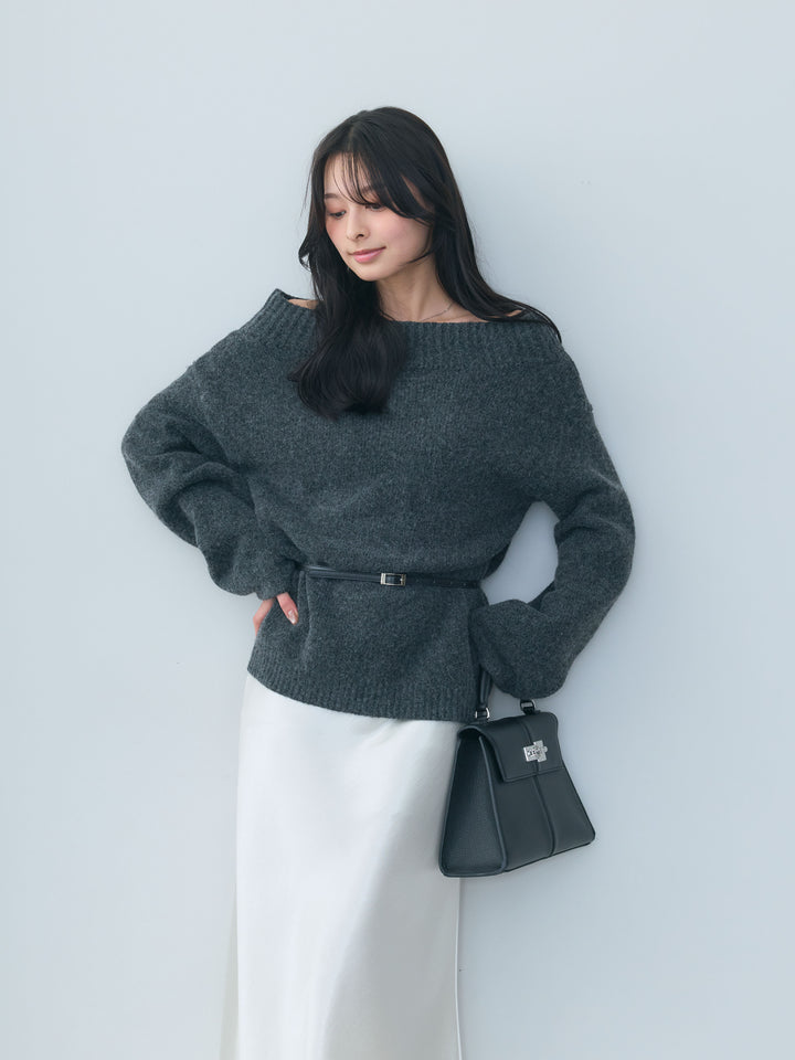 【SET】【Essential】Loose silhouette off shoulder knit tops+ナローAラインサテンスカート(2set)