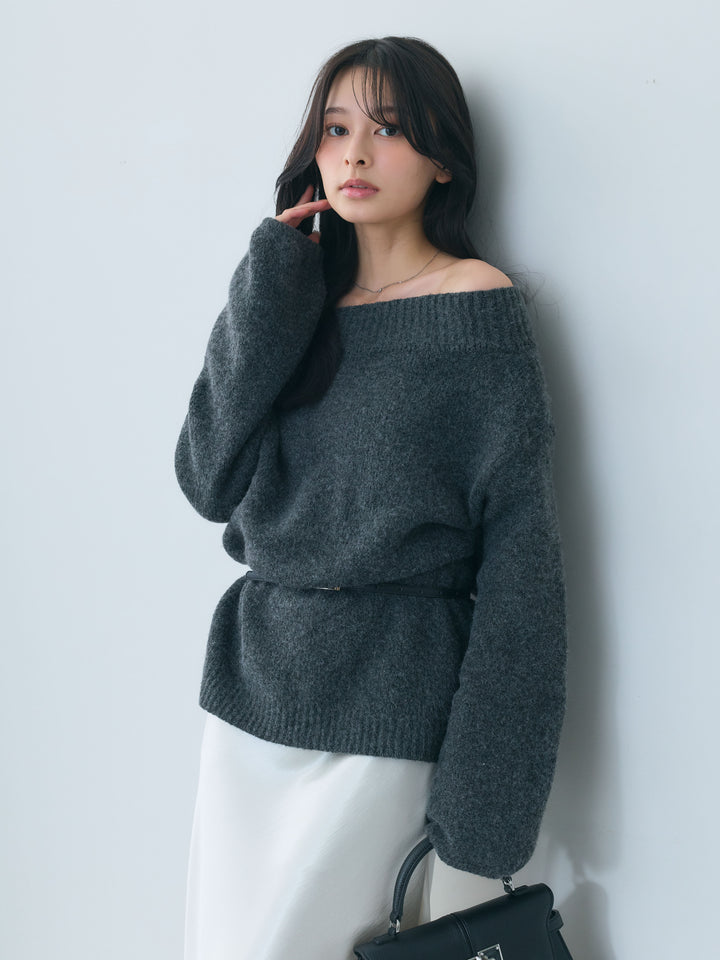 【SET】【Essential】Loose silhouette off shoulder knit tops+ナローAラインサテンスカート(2set)
