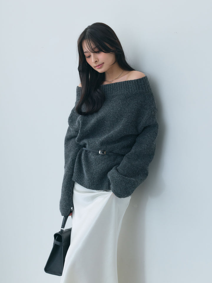 【SET】【Essential】Loose silhouette off shoulder knit tops+ナローAラインサテンスカート(2set)