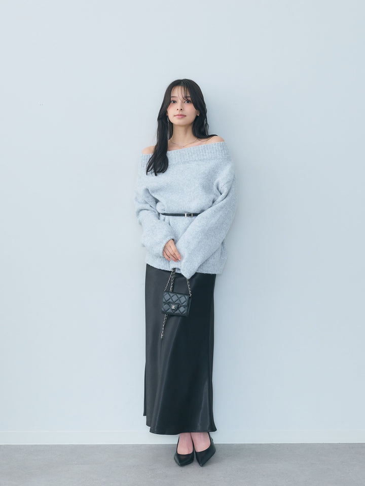 【SET】【Essential】Loose silhouette off shoulder knit tops+ナローAラインサテンスカート(2set)