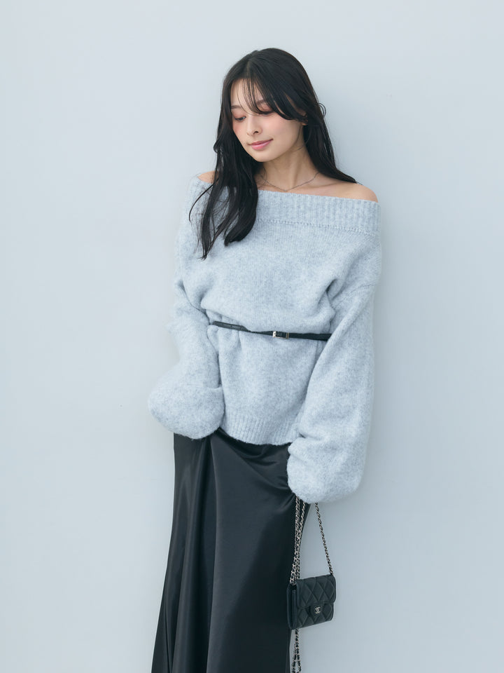 【SET】【Essential】Loose silhouette off shoulder knit tops+ナローAラインサテンスカート(2set)
