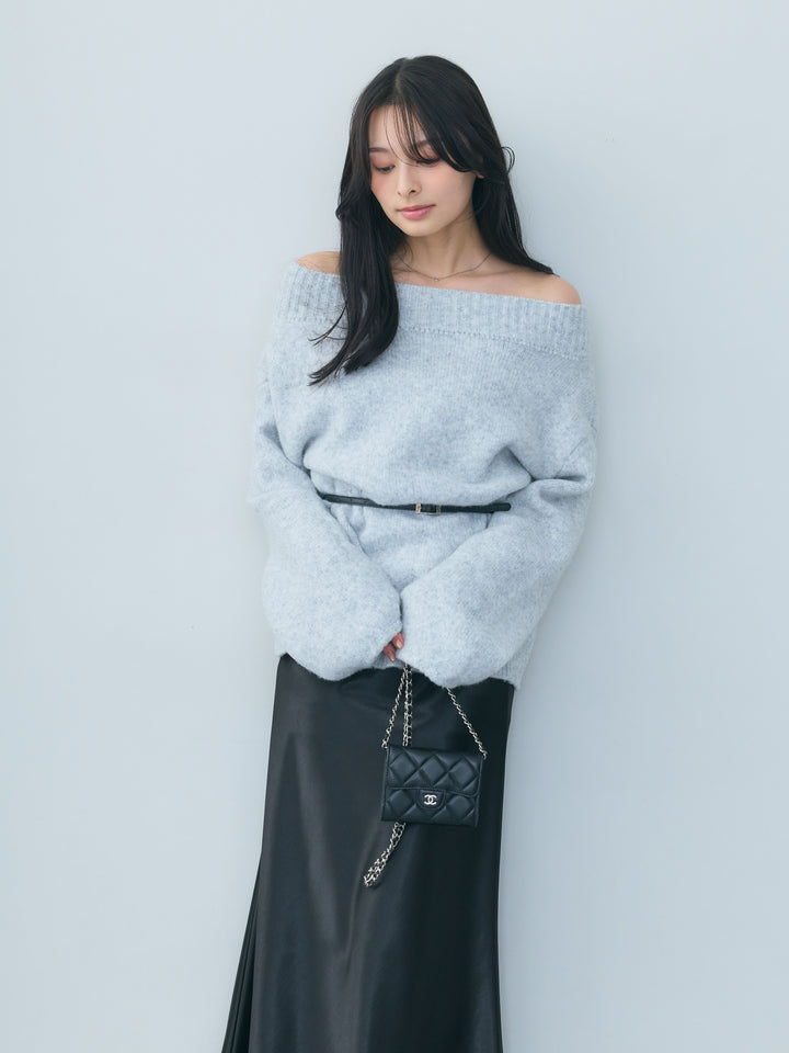 【SET】【Essential】Loose silhouette off shoulder knit tops+ナローAラインサテンスカート(2set)
