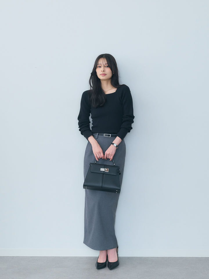 【SET】スクエアネックリブニットトップス+【Essential】Authentic wool like pencil skirt(2set)