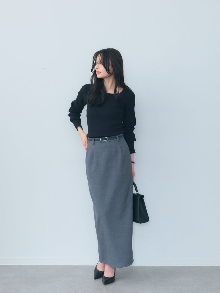 【SET】スクエアネックリブニットトップス+【Essential】Authentic wool like pencil skirt(2set)